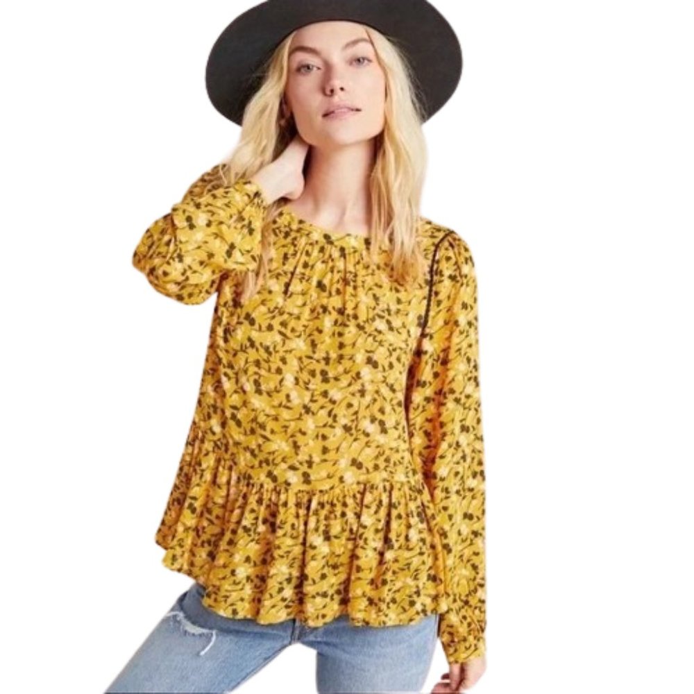 Anthropologie Maeve Cheyenne Yellow Hold Floral Print Peplum Blouse